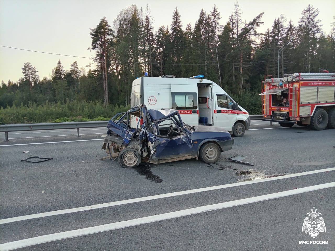 Легковой автомобиль смяло после столкновения с грузовиком на трассе М10 в Тверской области Фото, видео: ГУ МЧС по Тверской области 