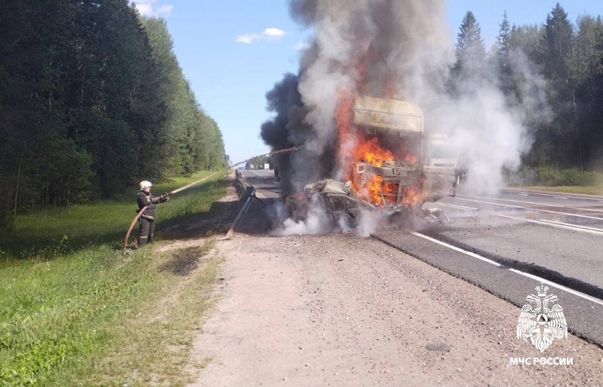 Два человека погибли в автомобиле, который загорелся после ДТП на трассе в Бологовском районе Фото, видео: МЧС Тверской области