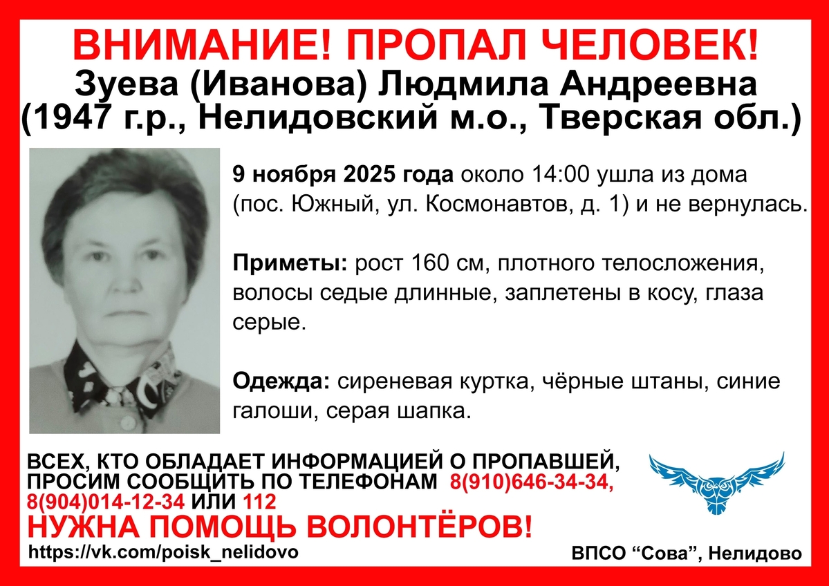 В Нелидовском округе пропала 78-летняя женщина Фото: ВПСО "Сова"