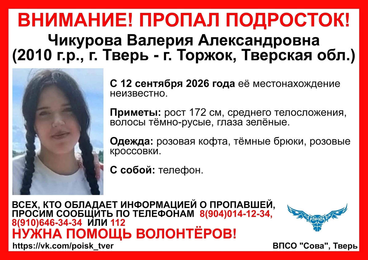 В Тверской области пропала 16-летняя девочка Фото: ВПСО "Сова"
