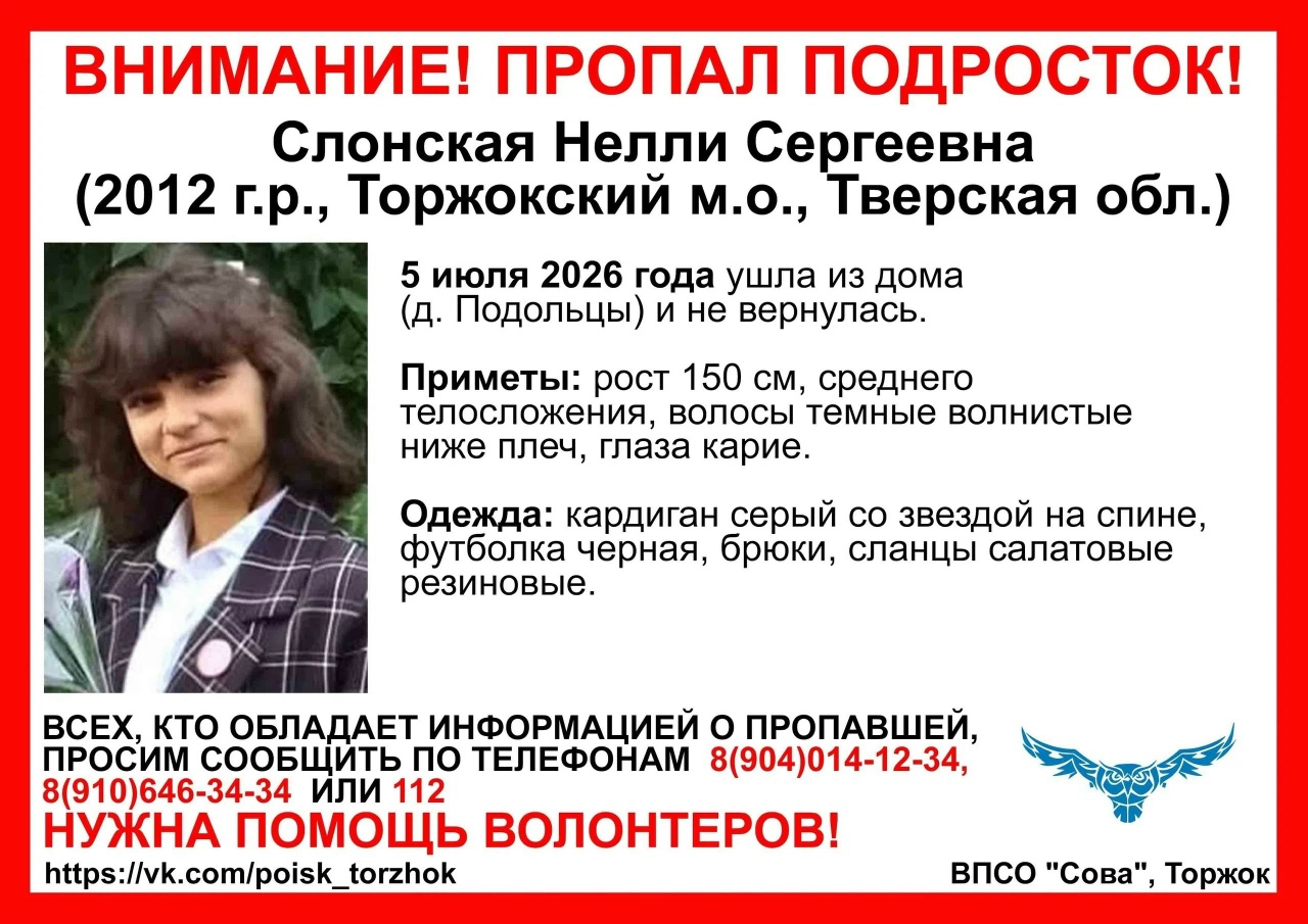 В Торжке пропала девочка-подросток Ориентировка: ВПСО СОВА