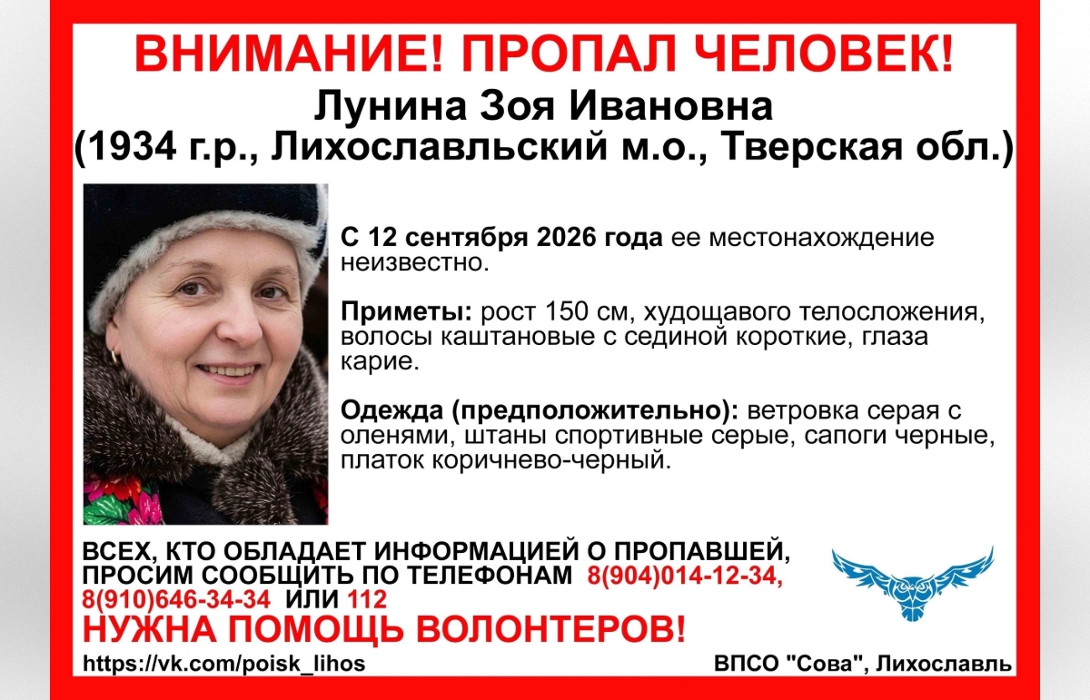 В Тверской области ищут 92-летнюю женщину Фото: ВПСО "Сова"